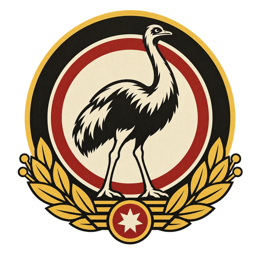 The EmuWars crest: an emu standing inside a red and cream roundel, wreathed in gold laurel above a seven-pointed star