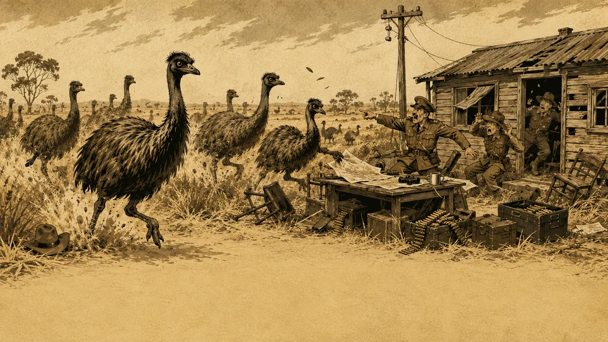 Emus walking past a soldier-settler homestead while riflemen take aim from the veranda, drawn as a sepia newsreel illustration